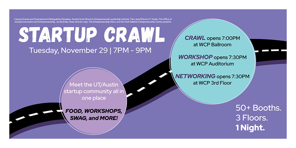 StartUp Crawl graphic on a purple background. Two bubbles with information on the event placed on a road.