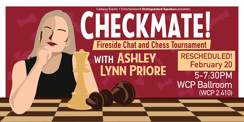 Red background with Checkmate written on top. Ashley Lynn Priore's outline with chess pieces