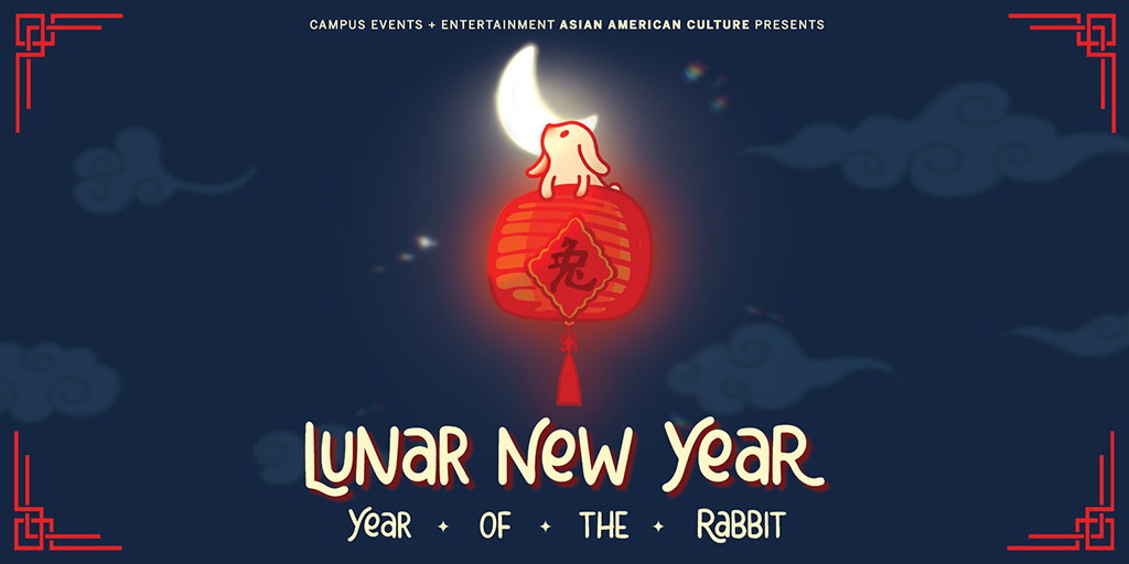 Blue background with red lantern and rabbit for Lunar New Year