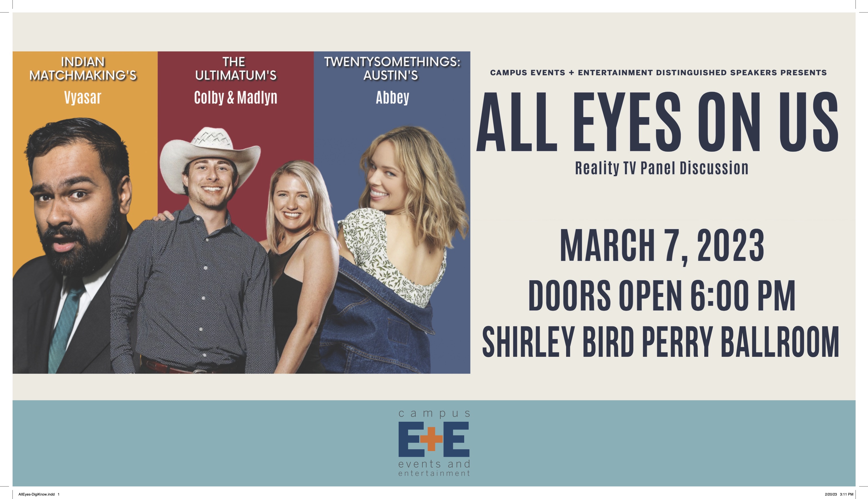 All Eyes on Us graphic with Vyasar, Colby, Madlyn, and Abbey on three separate panels
