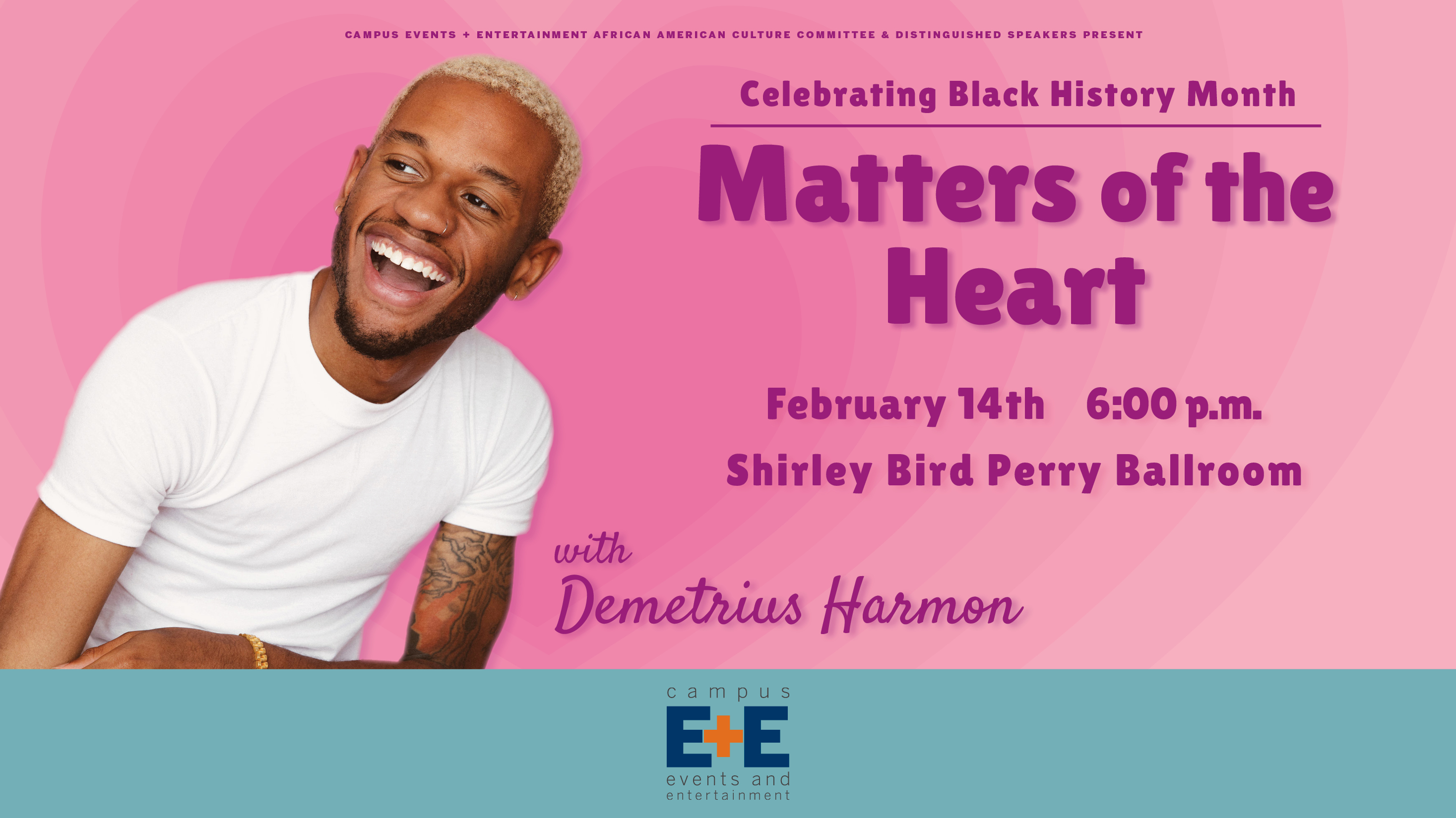Pink background with darker pink text reading "Matters of the Heart" and image of Demetrius Harmon