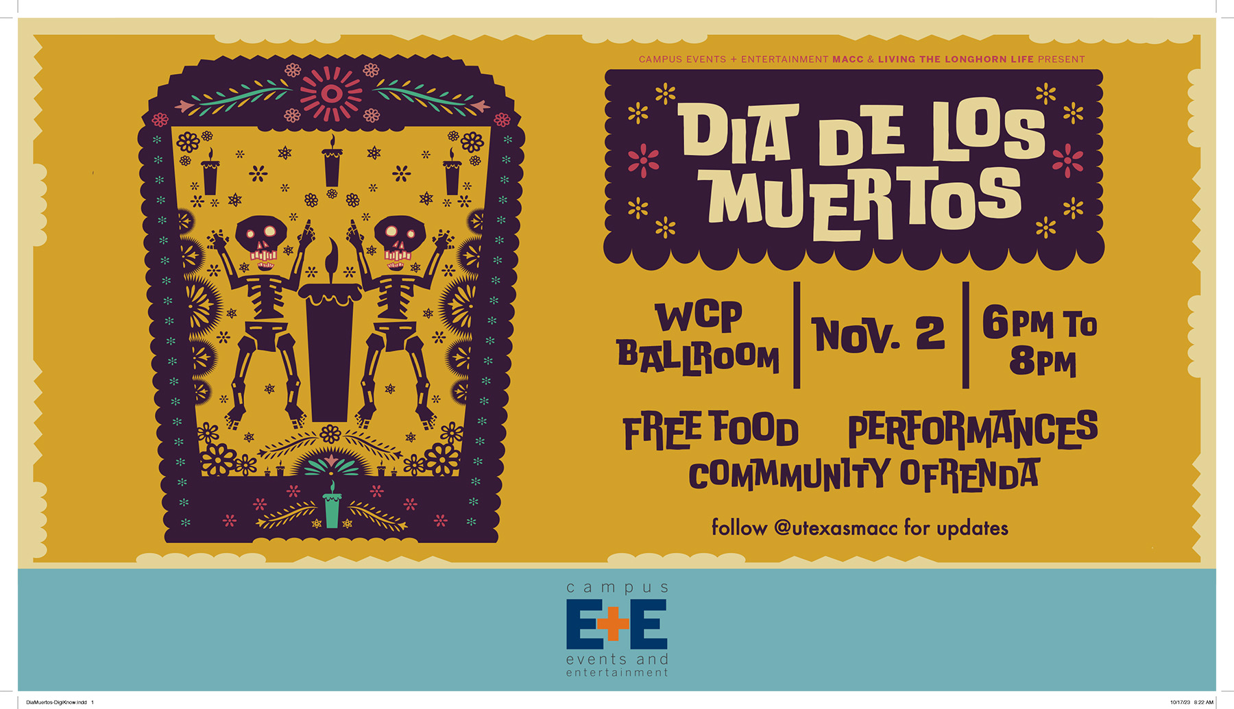 Yellow image with Dia de Los Muertos written on purple papel picado. Two purple skeletons are on another papel picado on the left side of the image.