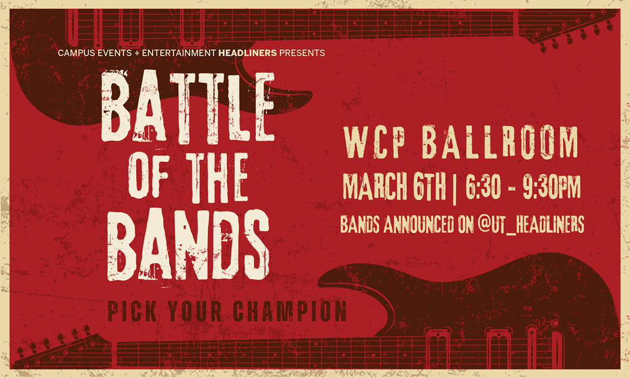 Red background with two guitars facing opposite directions. The text reads in white "Battle of the Bands WCP Ballroom 6:30 pm to 9:30 pm. Choose your Champion"