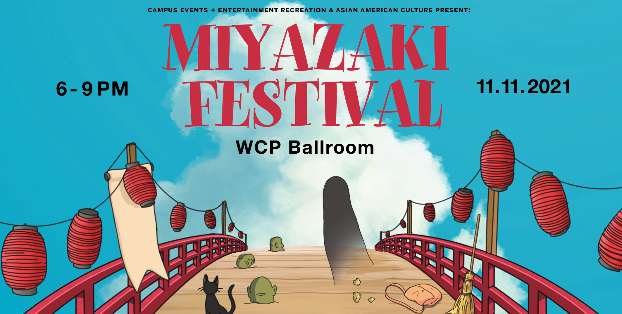 Graphic describing REC and AAC's Miyazaki Festival event, which depicts a red bridge with images of Miyazaki characters around it, along with a cloudy blue sky