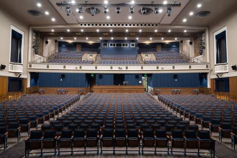 Seating front the point of view of the stage in the Hogg Memorial Auditorium 