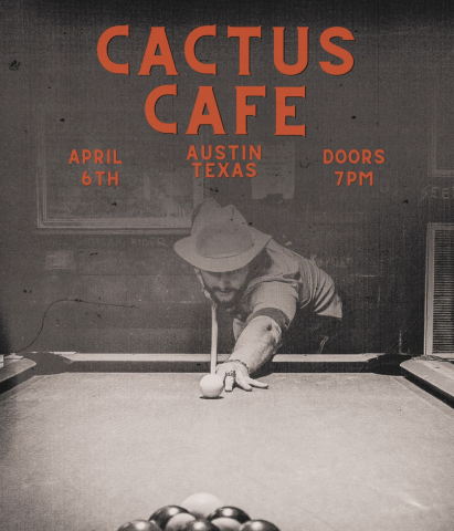 Black and white photo of man playing pool, "Cactus Cafe" in orange letters