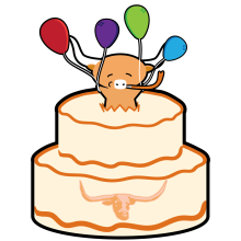 critter mascot jumping out of cake