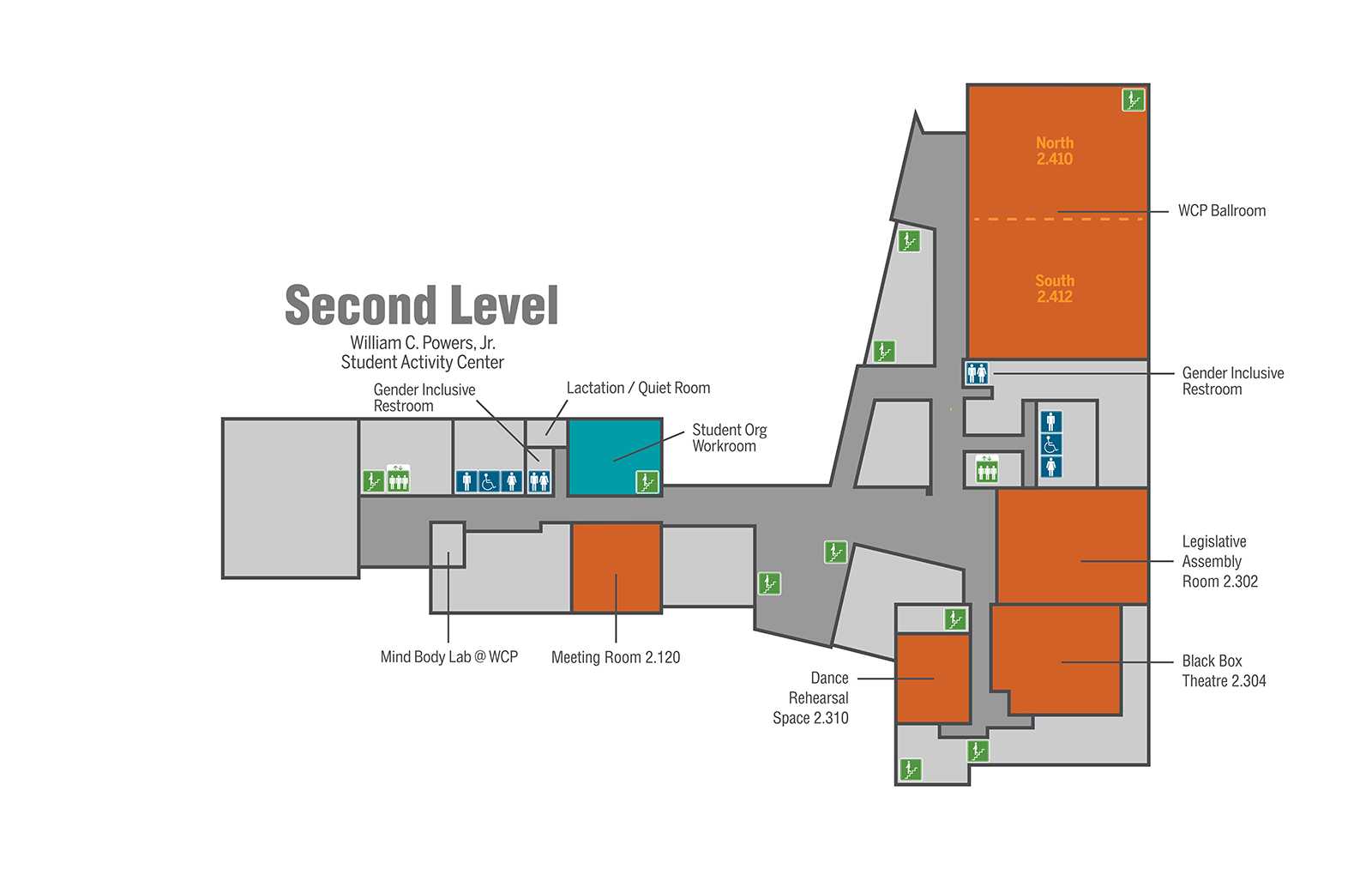 Generic map of William C. Powers, Jr. Student Activity Center second level.