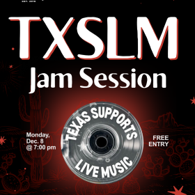 TXSLM logo with a record with the wrods Texas Supports Live Music
