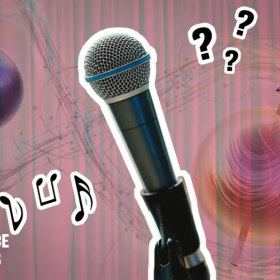 Image of microphone and music notes and question marks