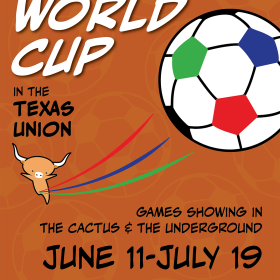 Animated character with soccer ball and text on screen to promote the World Cup viewing in the Texas union on June 11-July 19