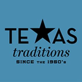 Texas Traditions logo featured on a light blue background. A star is in place of the x in Texas.