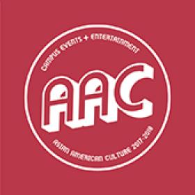 "AAC" in white text with "Campus Events + Entertainment Asian American Culture 2017-2018" in a circle around with red background