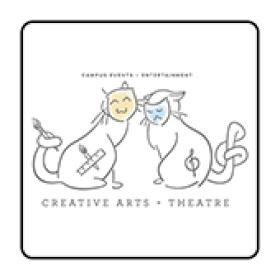 Two illustrated cats with theatre masks, one holding a paint brush, the other with a treble clef