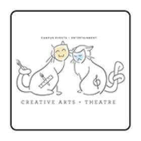 Two illustrated cats with theatre masks, one holding a paint brush, the other with a treble clef