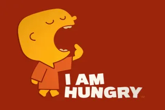 Graphic featuring a character saying 'I am hungry'