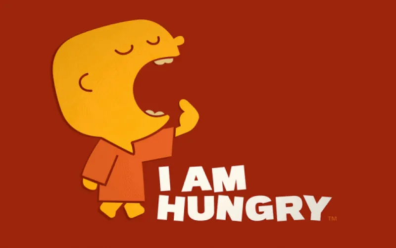 Graphic featuring a character saying 'I am hungry'